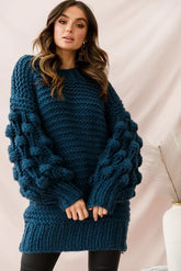 Teal Chunky Knit Oversized Sweater with Pom Pom Sleeves