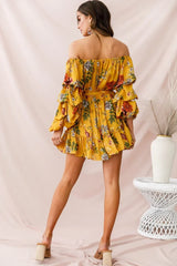 Yellow Floral Off-Shoulder Mini Dress with Balloon Sleeves