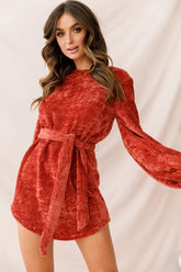 Rust Red Chenille Knit Mini Dress with Balloon Sleeves and Belt
