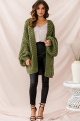 Olive Green Chunky Knit Cardigan with Oversized Batwing Sleeves