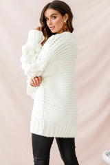 White Chunky Knit Oversized Sweater with Pom Pom Sleeves