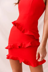 Red Mini Dress with Scoop Neckline and Tiered Ruffle Detail