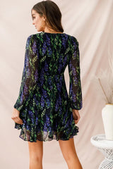 Navy Floral Mini Wrap Dress with Plunging V-Neck and Balloon Sleeves