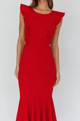 Red Midi Dress with Ruffle Cap Sleeves and Flounce Hem