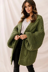 Olive Green Chunky Knit Cardigan with Oversized Batwing Sleeves