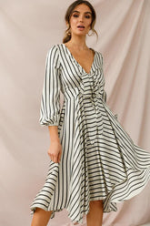 Black and White Striped Midi Dress with Bust Tie