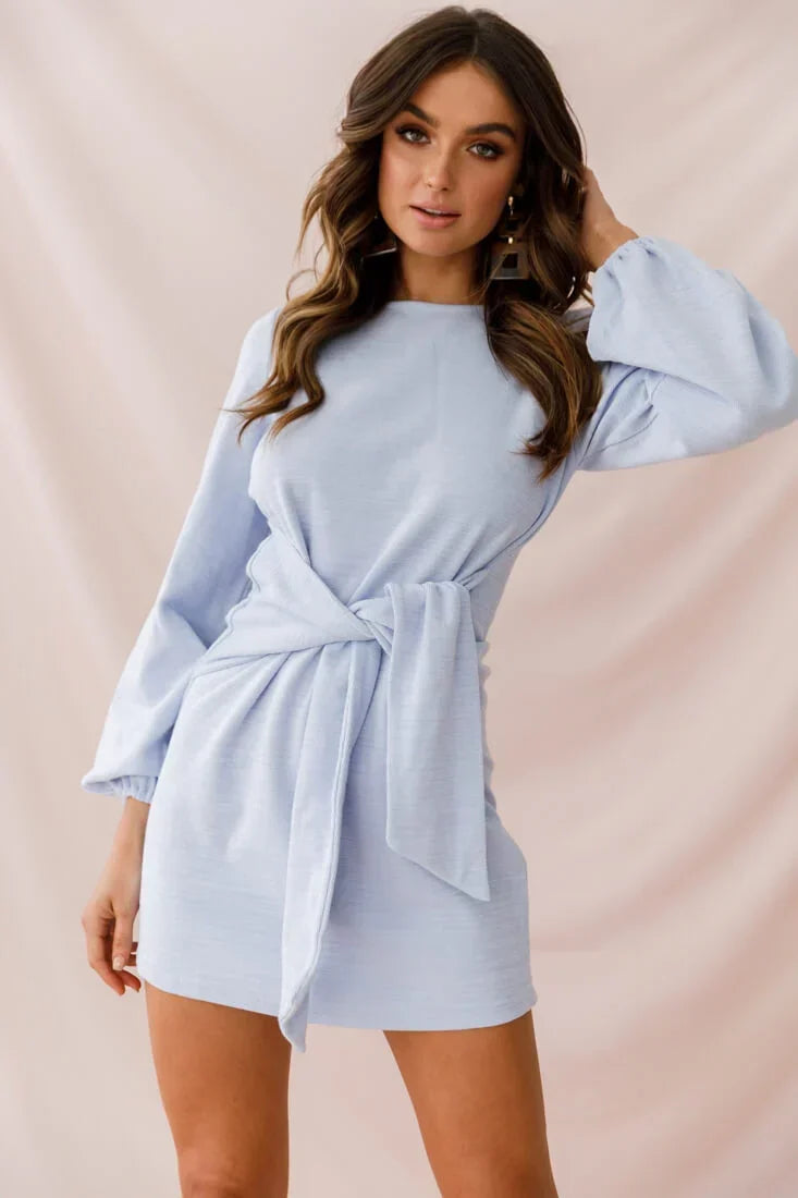 Light Blue Long Sleeve Mini Dress with Waist Tie