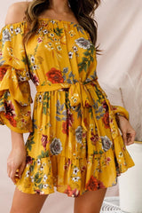 Yellow Floral Off-Shoulder Mini Dress with Balloon Sleeves