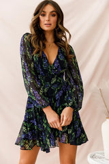 Navy Floral Mini Wrap Dress with Plunging V-Neck and Balloon Sleeves
