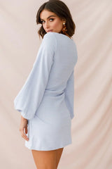 Light Blue Long Sleeve Mini Dress with Waist Tie