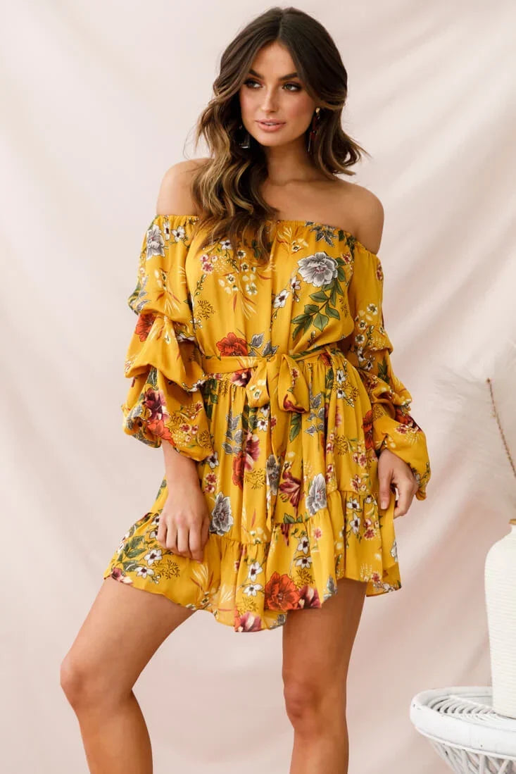 Yellow Floral Off-Shoulder Mini Dress with Balloon Sleeves