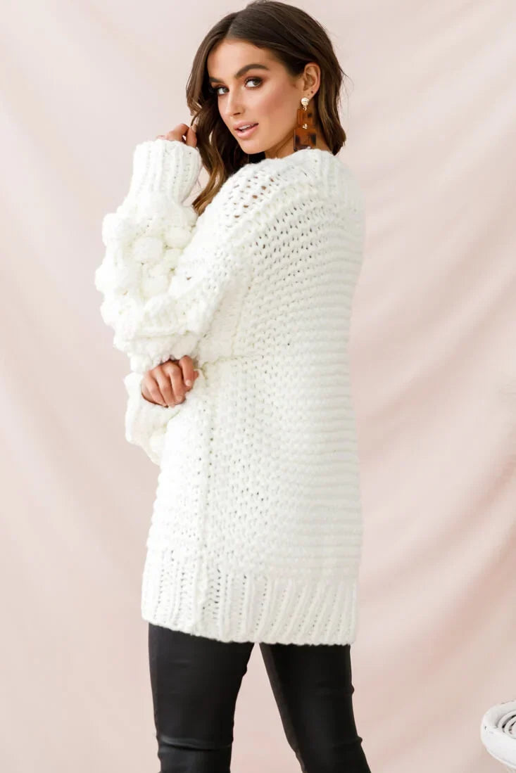 White Chunky Knit Oversized Sweater with Pom Pom Sleeves