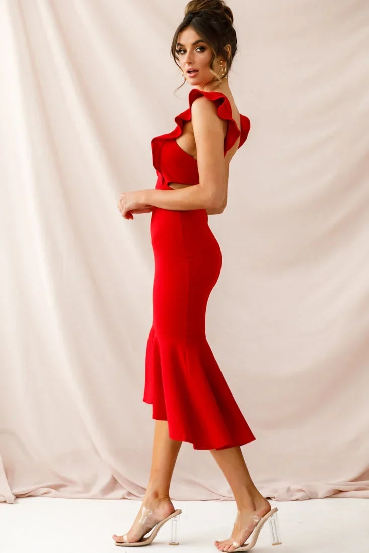 Red Midi Dress with Ruffle Cap Sleeves and Flounce Hem