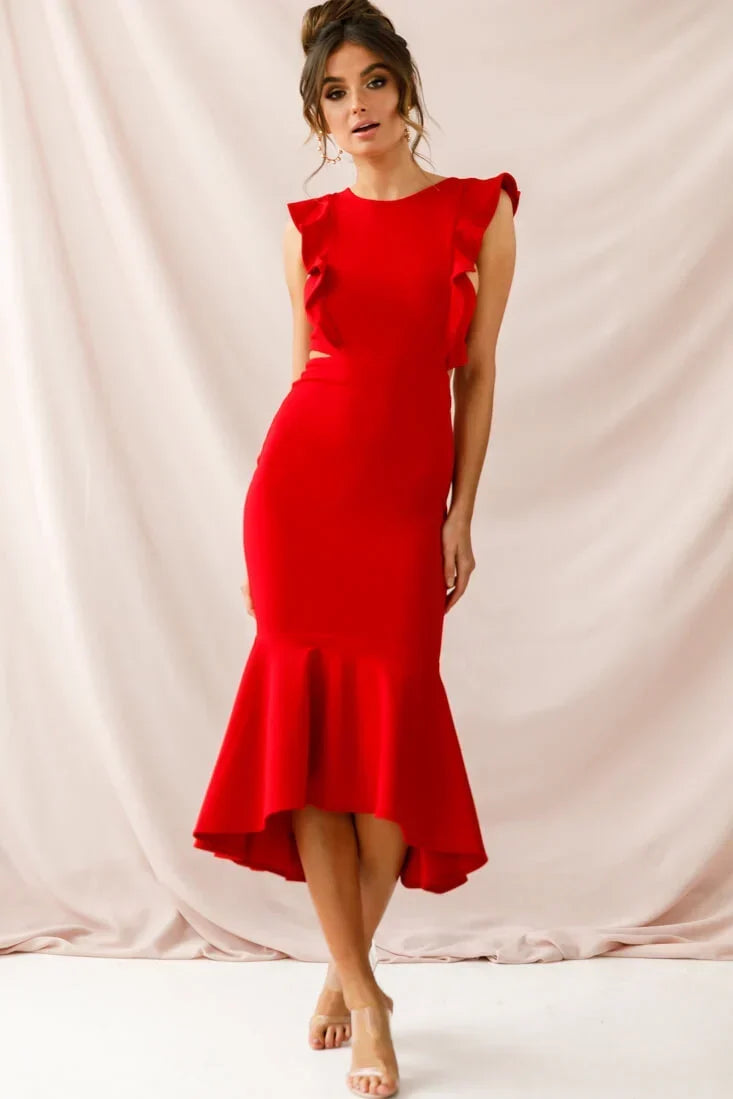Red Midi Dress with Ruffle Cap Sleeves and Flounce Hem