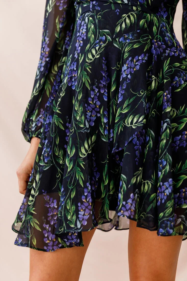 Navy Floral Mini Wrap Dress with Plunging V-Neck and Balloon Sleeves