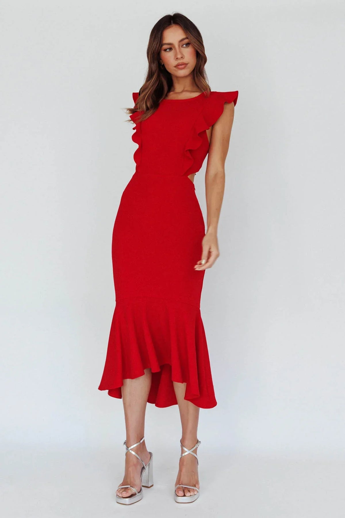 Red Midi Dress with Ruffle Cap Sleeves and Flounce Hem