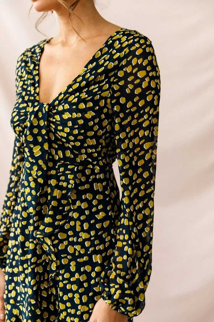 Navy Spotted Print Mini Dress with V-Neck and Balloon Sleeves