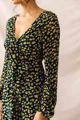 Navy Spotted Print Mini Dress with V-Neck and Balloon Sleeves
