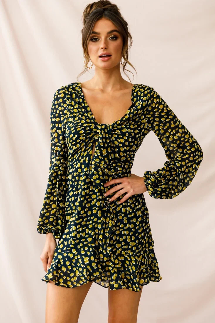 Navy Spotted Print Mini Dress with V-Neck and Balloon Sleeves