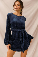 Navy Blue Chenille Knit Mini Dress with Balloon Sleeves and Belt