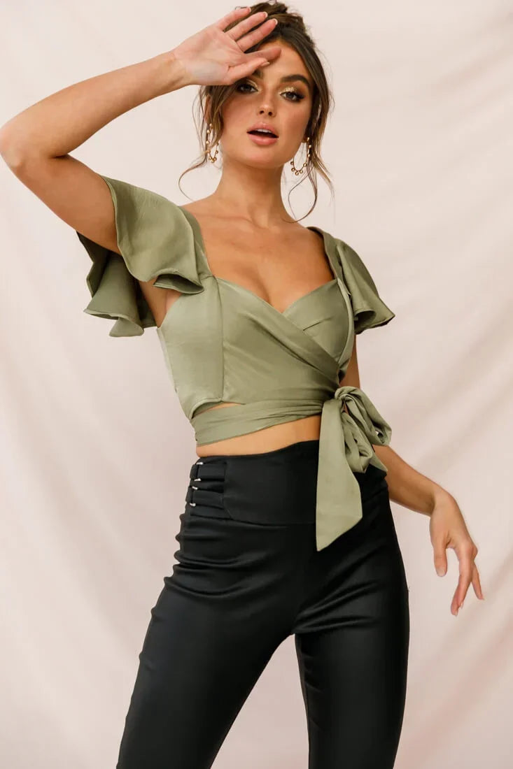 Olive Green Satin Wrap Crop Top with Flutter Sleeves and Tie