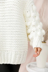 White Chunky Knit Oversized Sweater with Pom Pom Sleeves