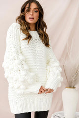 White Chunky Knit Oversized Sweater with Pom Pom Sleeves