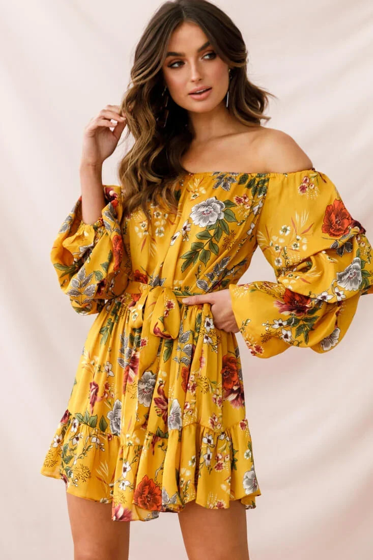 Yellow Floral Off-Shoulder Mini Dress with Balloon Sleeves