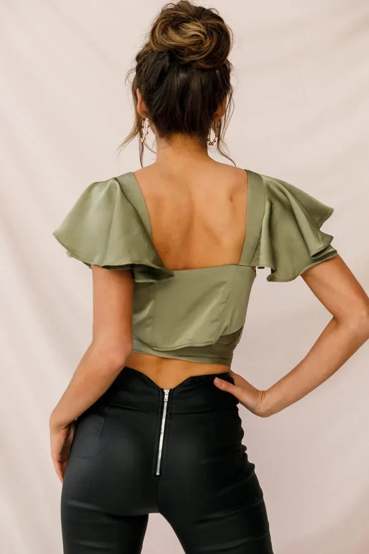 Olive Green Satin Wrap Crop Top with Flutter Sleeves and Tie