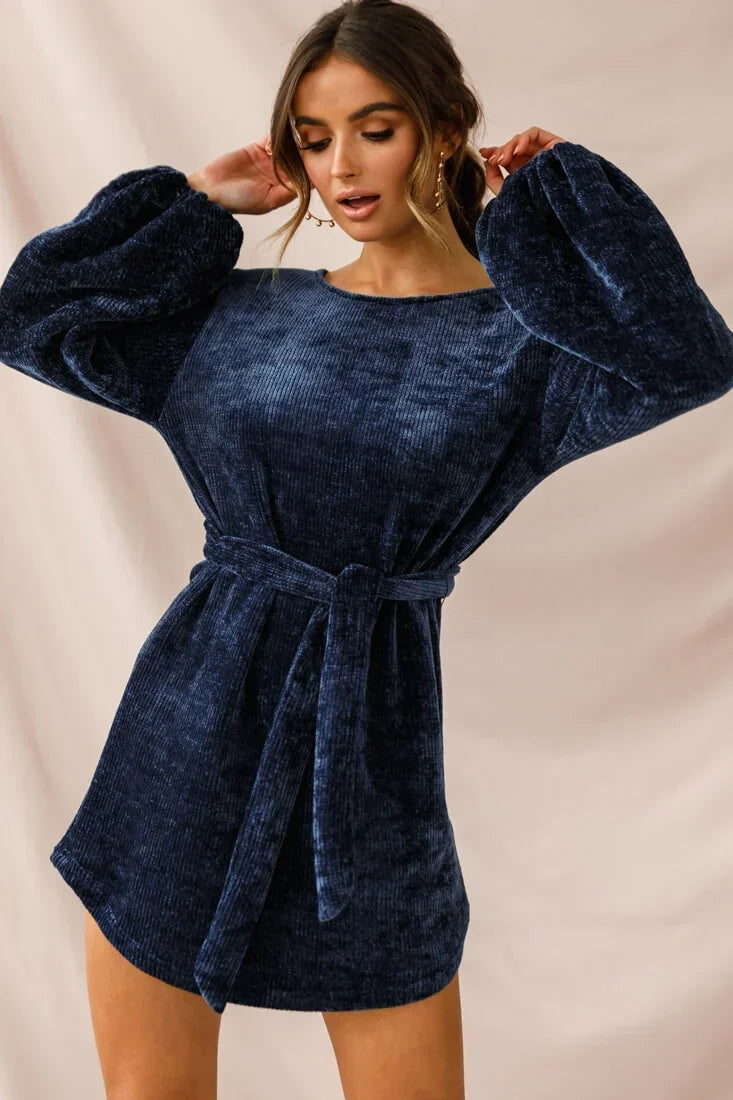 Navy Blue Chenille Knit Mini Dress with Balloon Sleeves and Belt