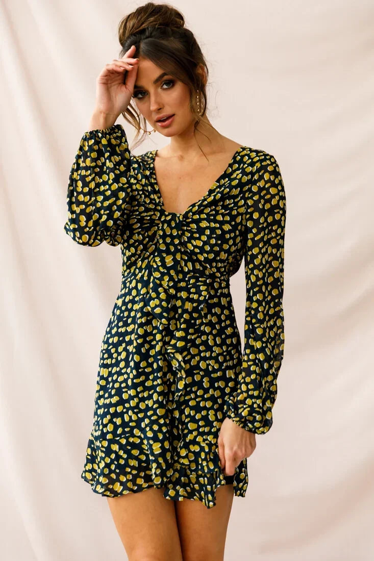 Navy Spotted Print Mini Dress with V-Neck and Balloon Sleeves