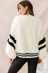 White Faux Fur Bomber Jacket with Black Stripes and Ribbed Hem