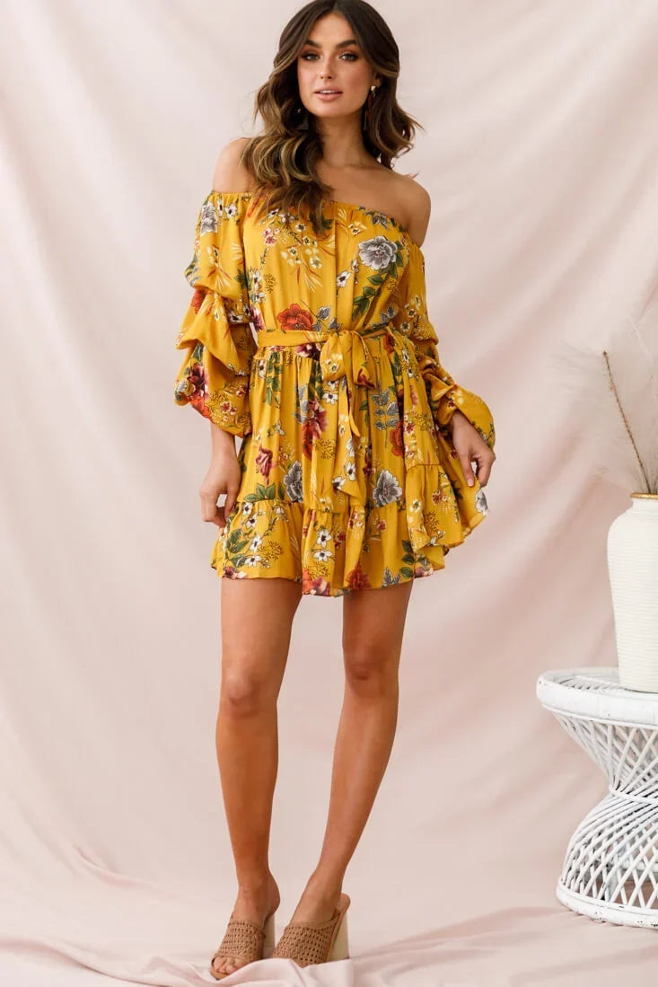 Yellow Floral Off-Shoulder Mini Dress with Balloon Sleeves