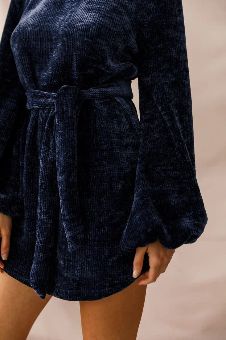 Navy Blue Chenille Knit Mini Dress with Balloon Sleeves and Belt