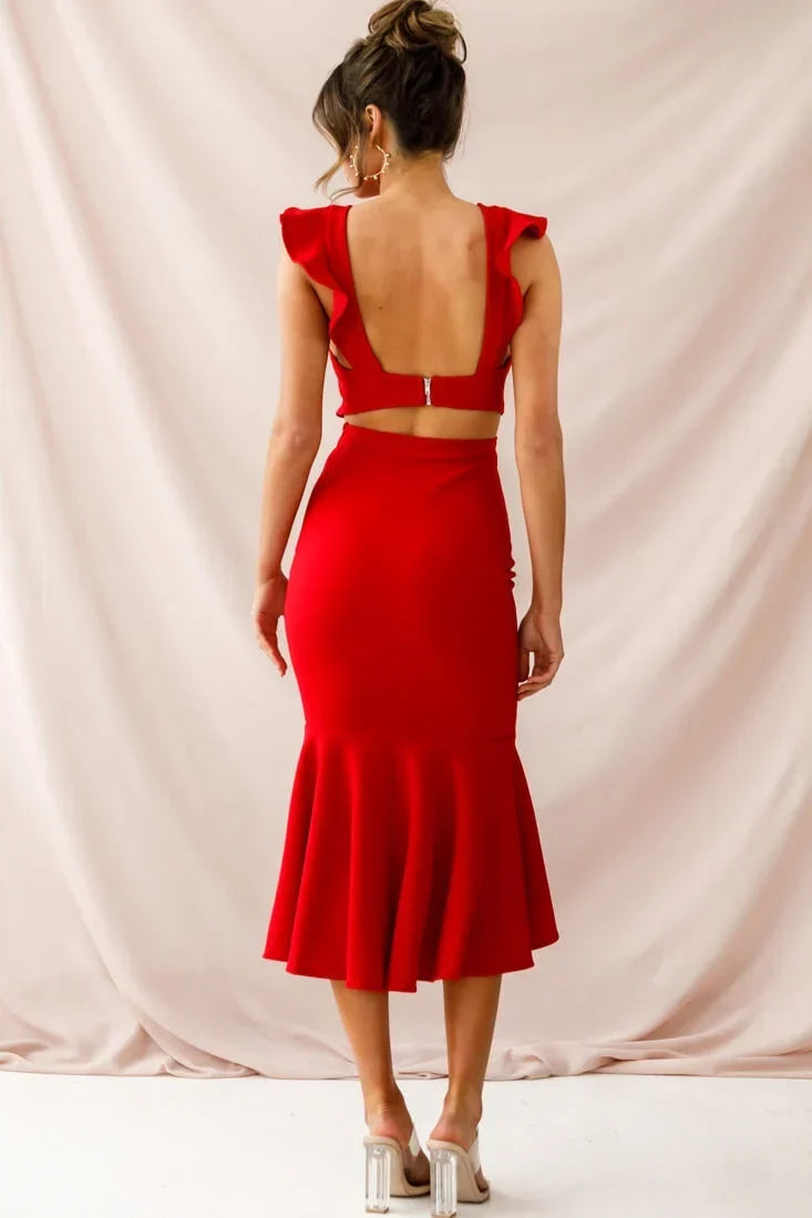 Red Midi Dress with Ruffle Cap Sleeves and Flounce Hem