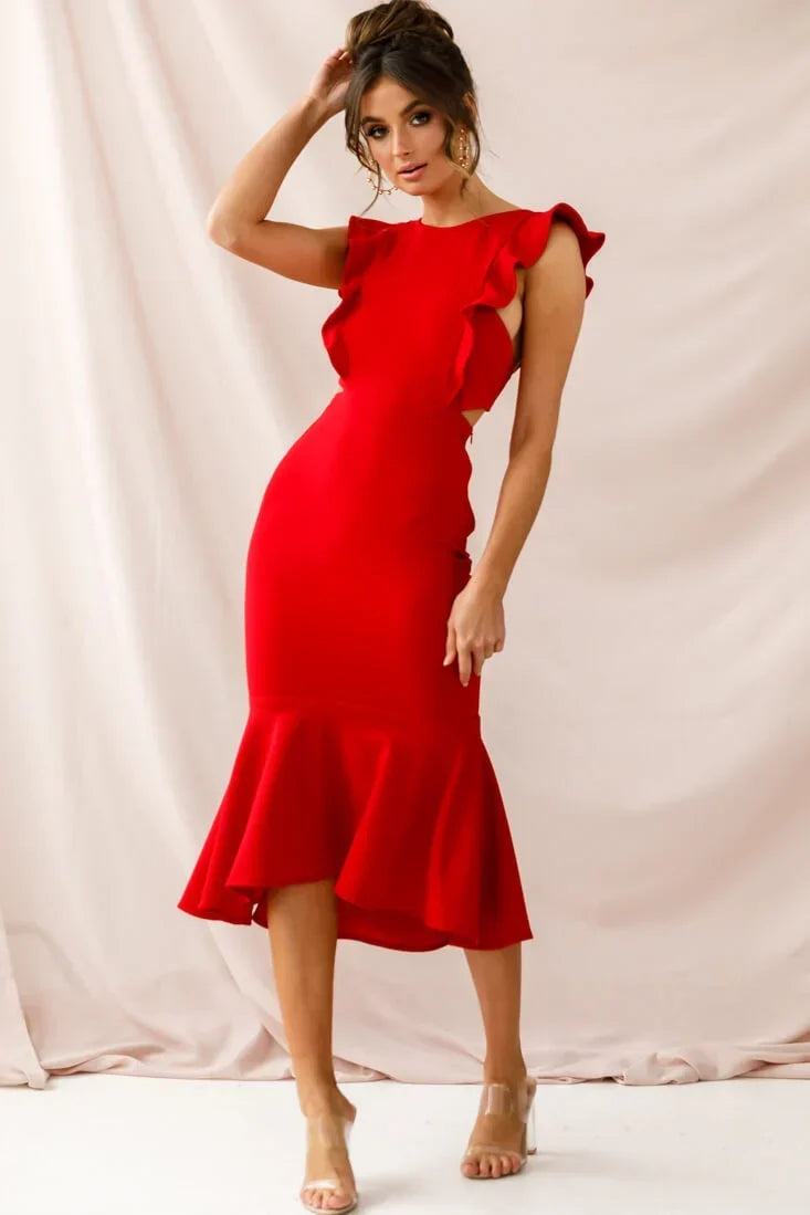 Red Midi Dress with Ruffle Cap Sleeves and Flounce Hem