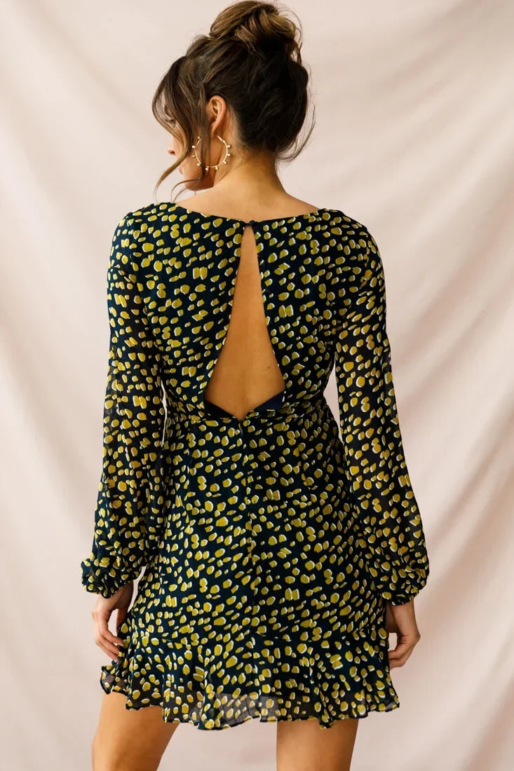 Navy Spotted Print Mini Dress with V-Neck and Balloon Sleeves
