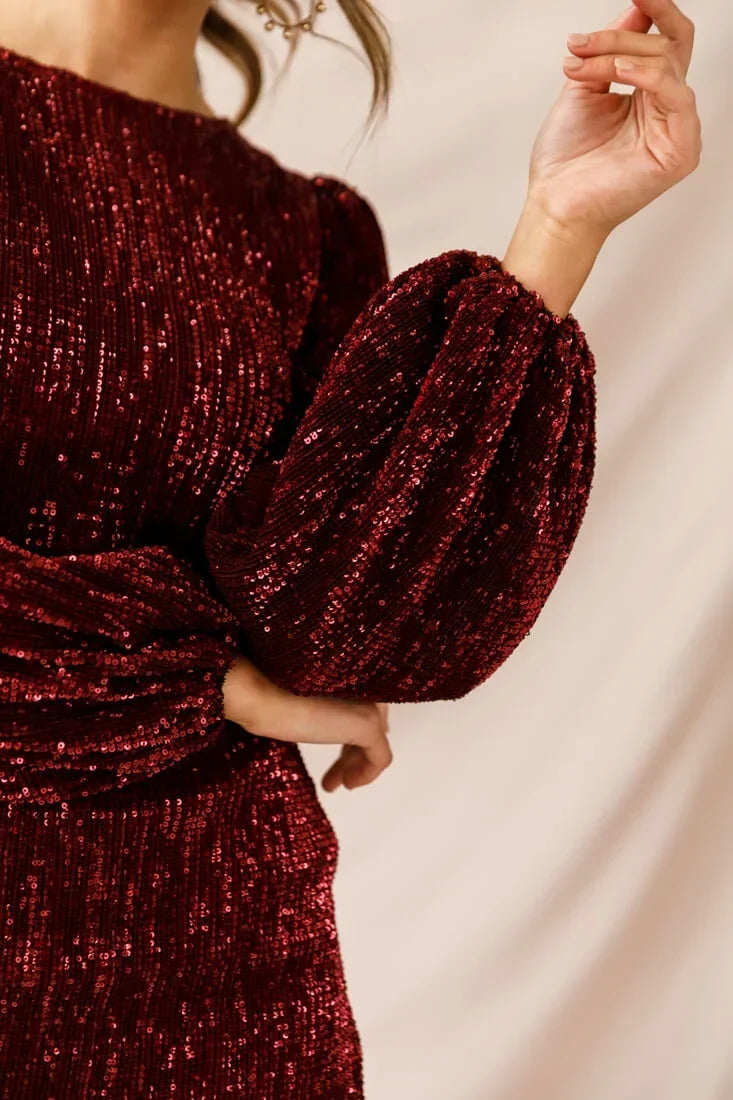 Burgundy Sequin Mini Dress with Long Balloon Sleeves and Crew Neck