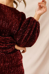 Burgundy Sequin Mini Dress with Long Balloon Sleeves and Crew Neck