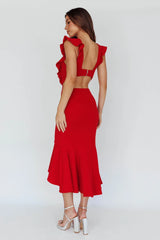 Red Midi Dress with Ruffle Cap Sleeves and Flounce Hem