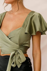 Olive Green Satin Wrap Crop Top with Flutter Sleeves and Tie
