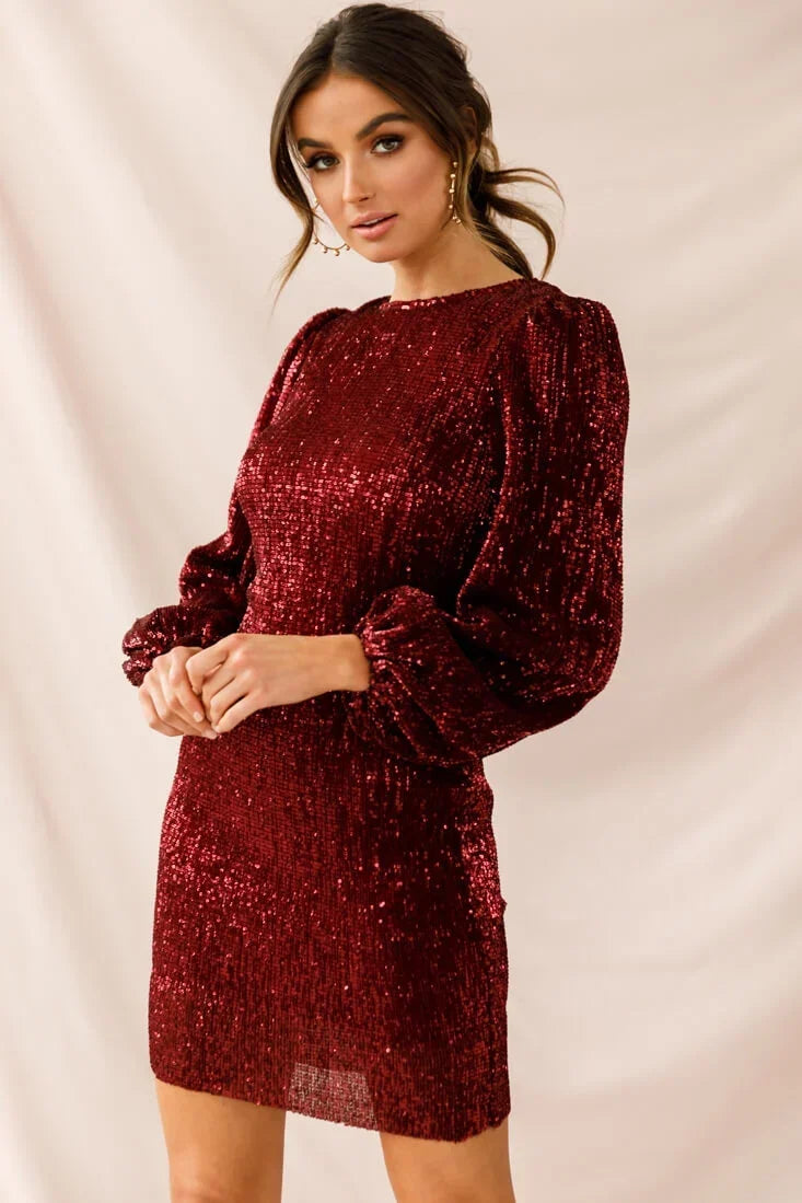 Burgundy Sequin Mini Dress with Long Balloon Sleeves and Crew Neck