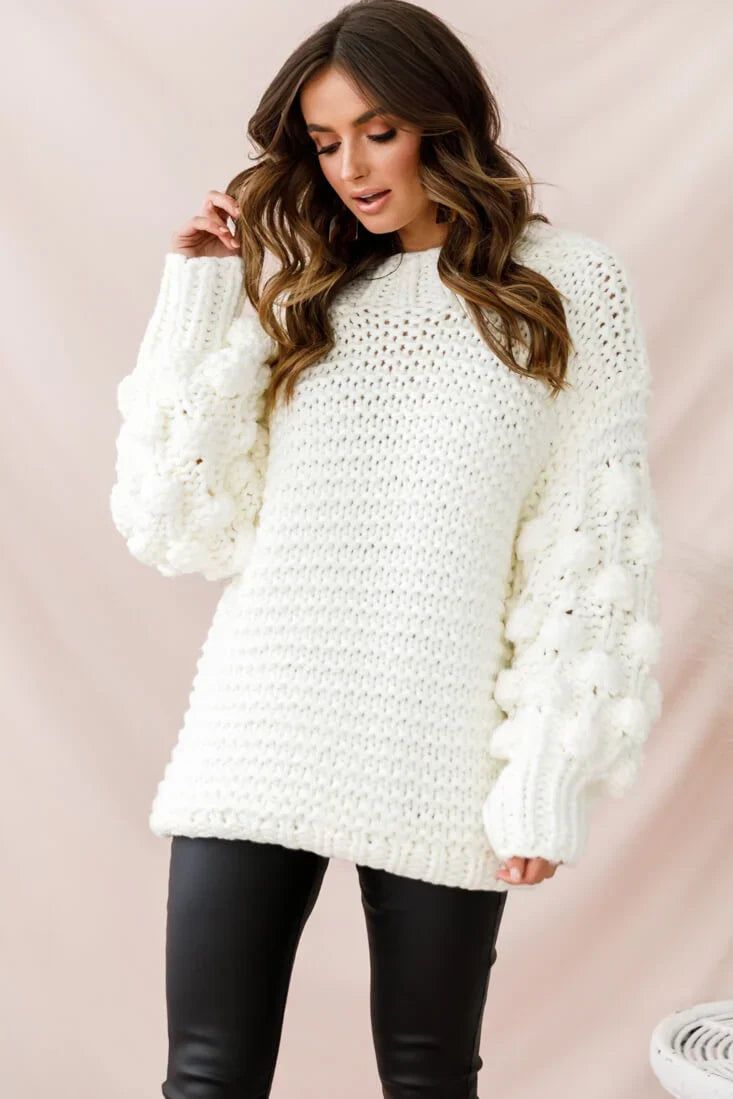 White Chunky Knit Oversized Sweater with Pom Pom Sleeves
