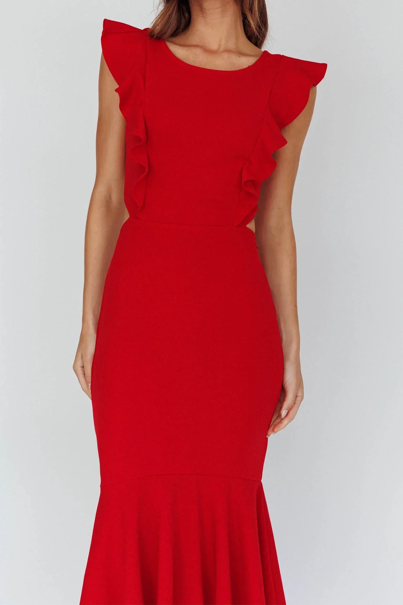 Red Midi Dress with Ruffle Cap Sleeves and Flounce Hem