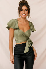 Olive Green Satin Wrap Crop Top with Flutter Sleeves and Tie