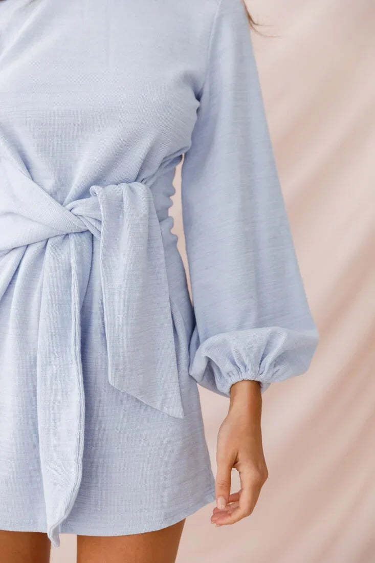 Light Blue Long Sleeve Mini Dress with Waist Tie