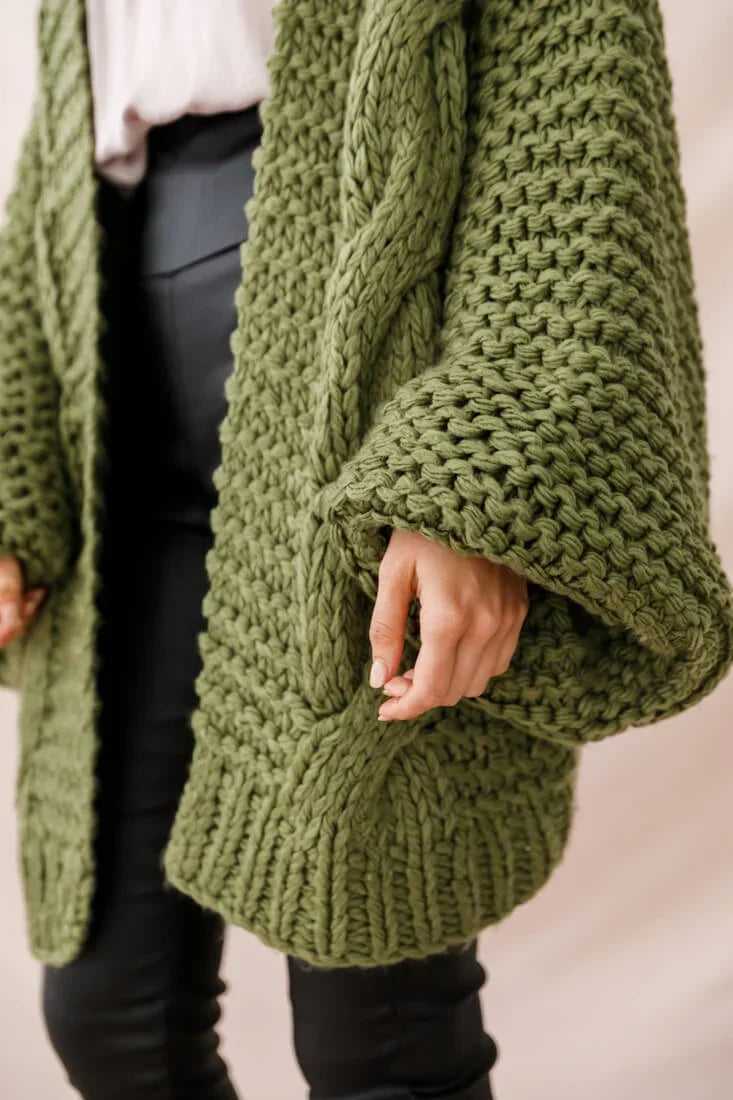 Olive Green Chunky Knit Cardigan with Oversized Batwing Sleeves
