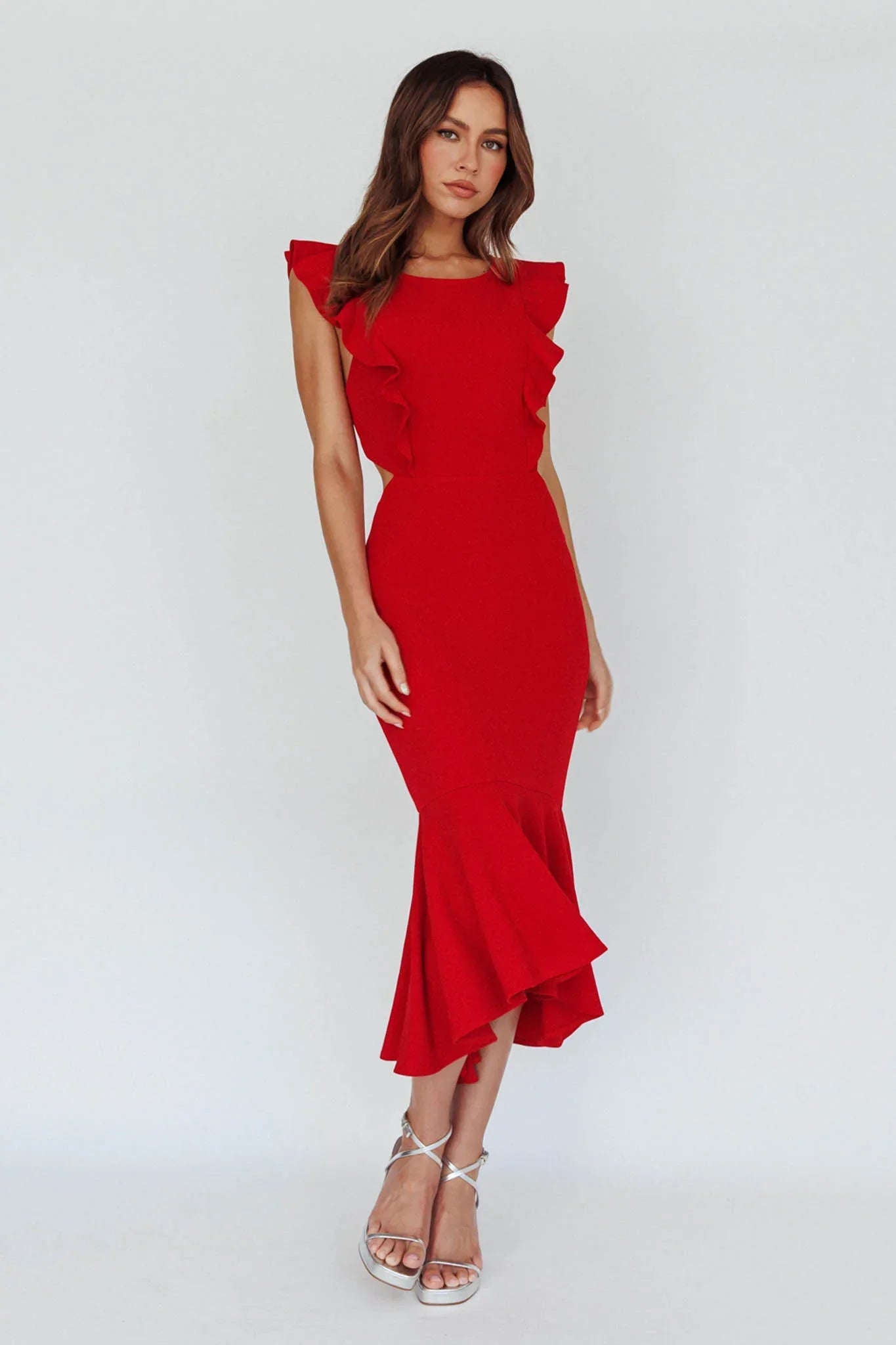 Red Midi Dress with Ruffle Cap Sleeves and Flounce Hem