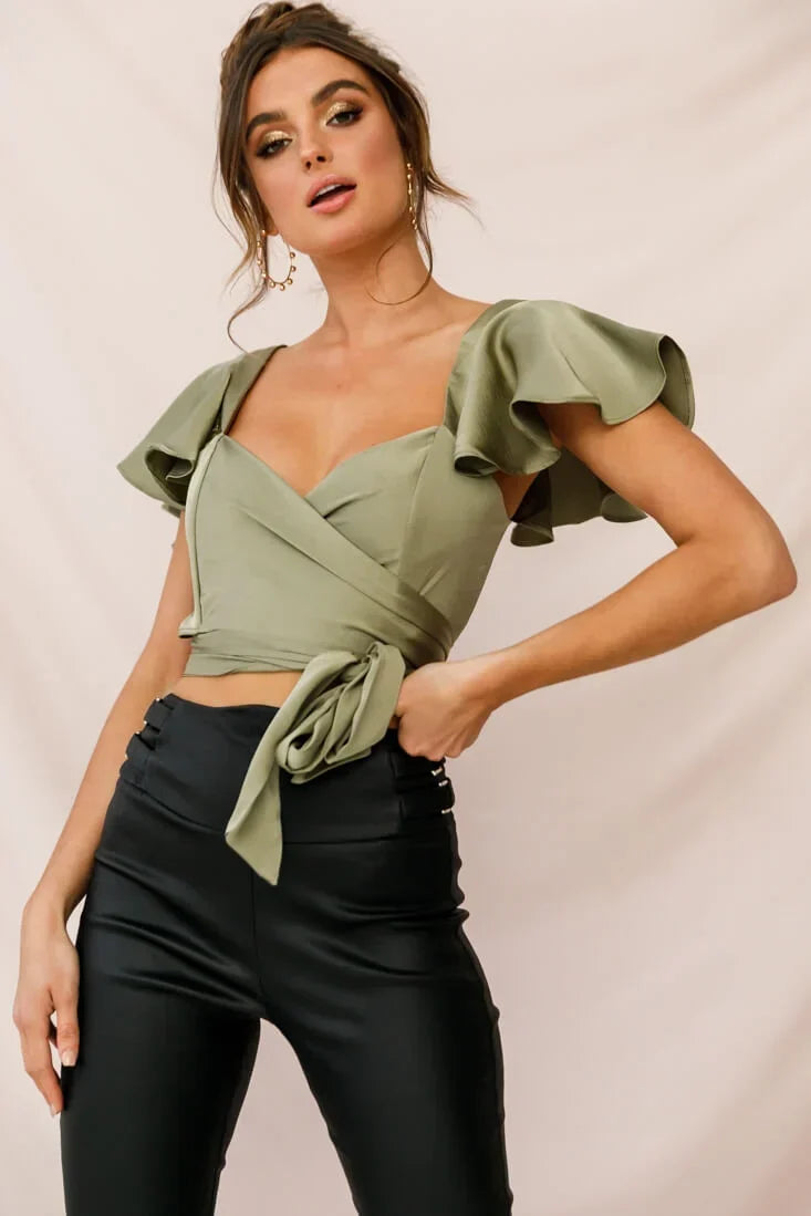 Olive Green Satin Wrap Crop Top with Flutter Sleeves and Tie