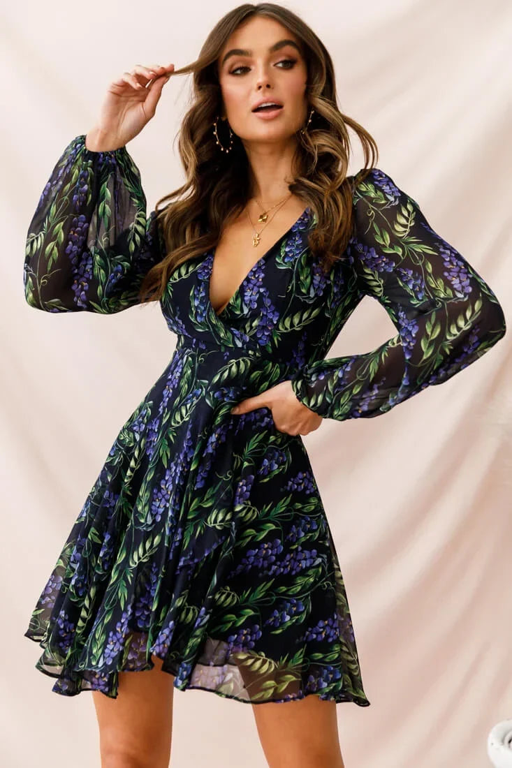 Navy Floral Mini Wrap Dress with Plunging V-Neck and Balloon Sleeves